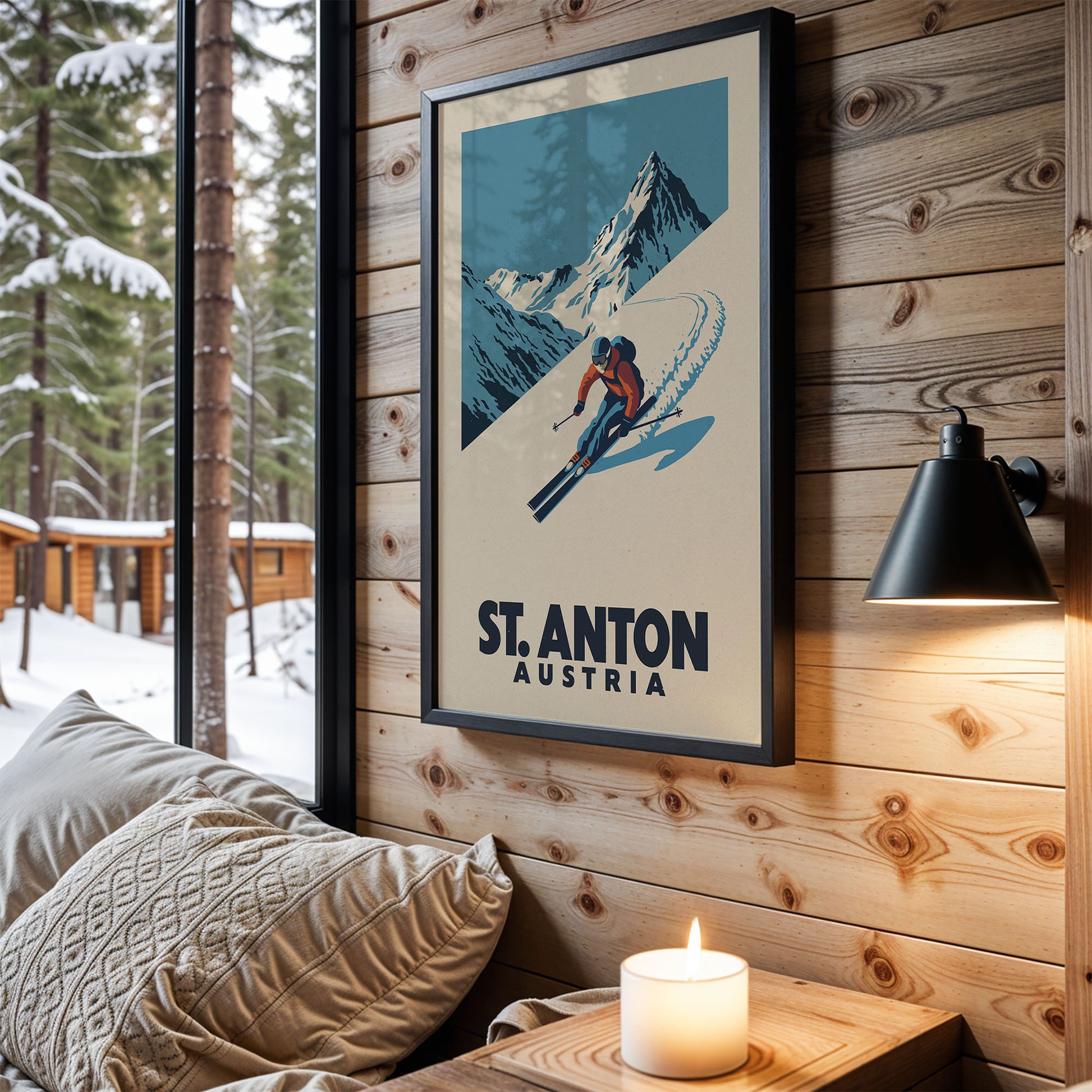 a framed poster of a skier on a mountain, hanging on a wooden wall in a cozy cabin setting.