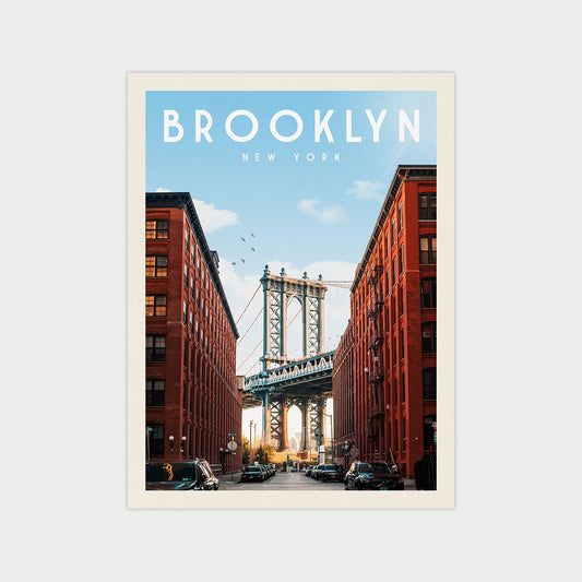 a cityscape with a large suspension bridge in the background, surrounded by tall red brick buildings.