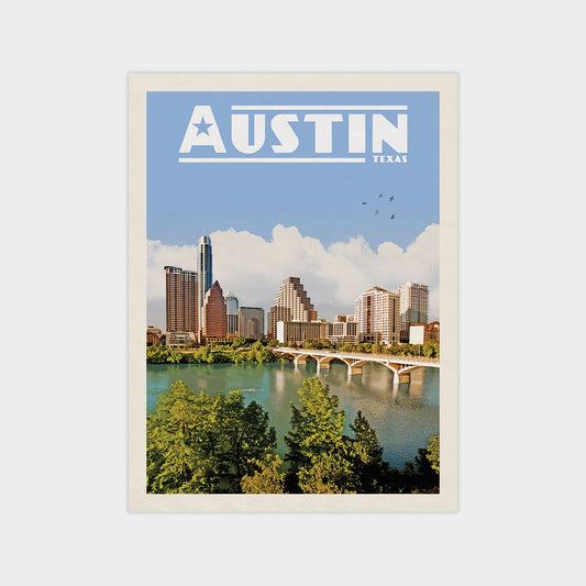 A poster of the Austin, Texas skyline with a river and trees in the foreground.