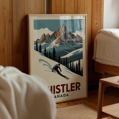 A framed poster of a skier in a snowy mountain landscape, with the text "HISTLER CANADA" prominently displayed.