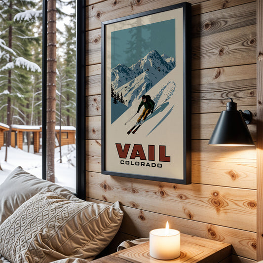 a framed poster of a skier on a snowy mountain, hanging on a wooden wall next to a bed with a lit candle on a nightstand.