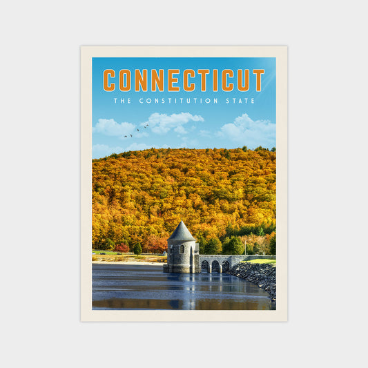 The image is a poster for Connecticut, featuring a scenic landscape with a lake, a stone dam, and a hill covered in autumn trees.