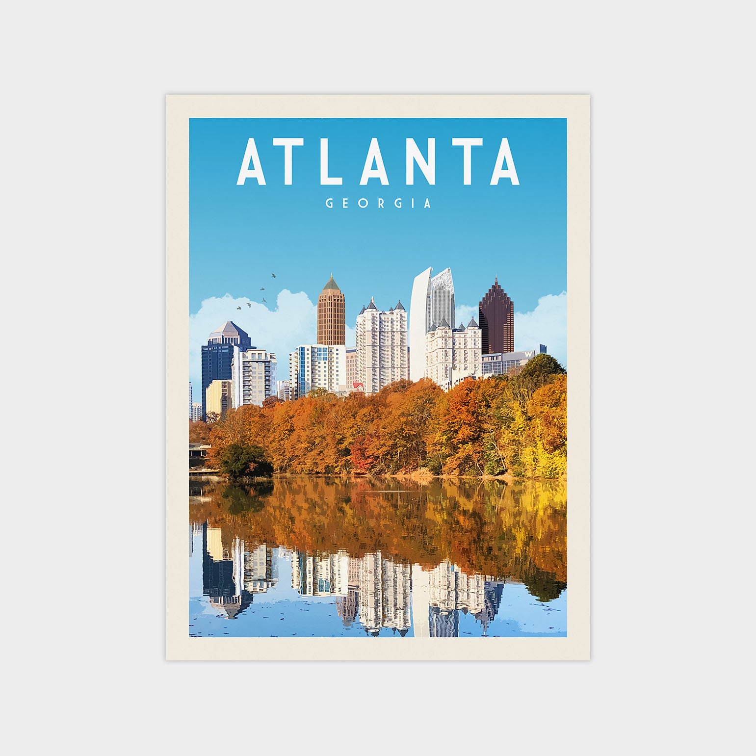 A poster of the Atlanta skyline with a lake in the foreground, featuring the city's iconic skyscrapers reflected in the water.