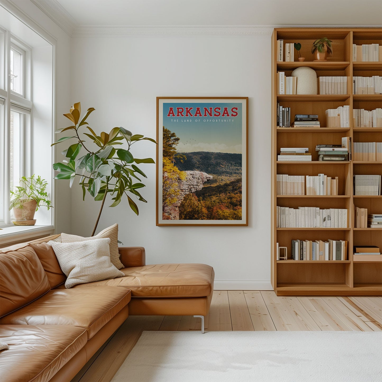 a cozy living room with a large bookshelf filled with books, a comfortable leather couch, and a framed poster of a scenic landscape in Arkansas hanging on the wall.