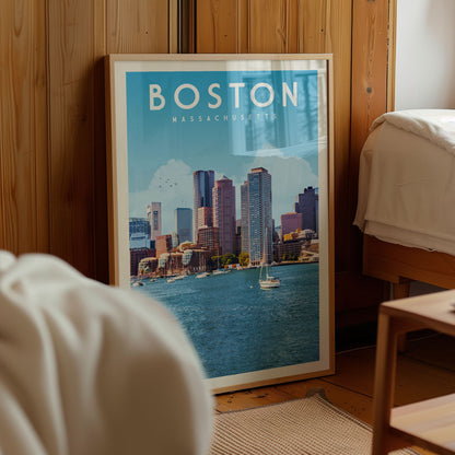 A framed poster of the Boston skyline, featuring the city's iconic buildings and a boat on the water.