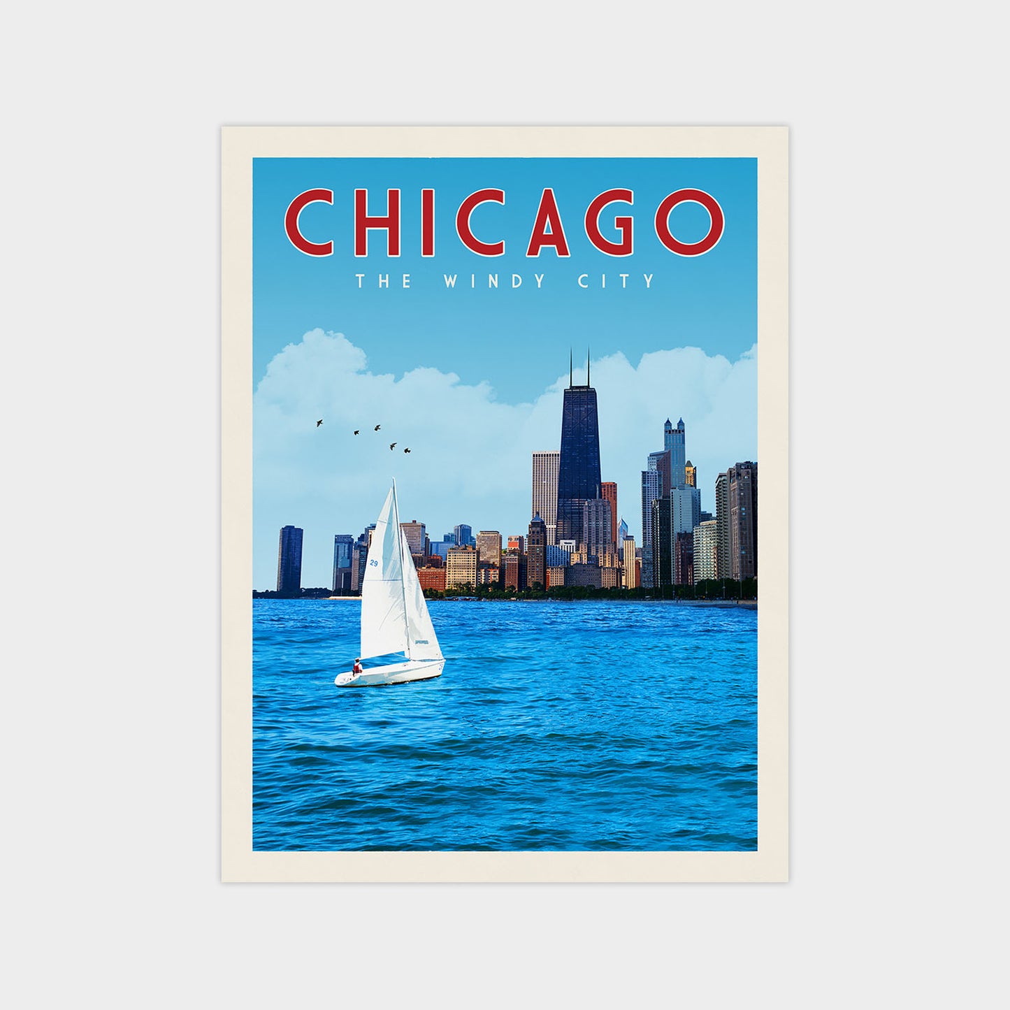 A vintage-style poster depicting a sailboat on the water with the city skyline of Chicago in the background.