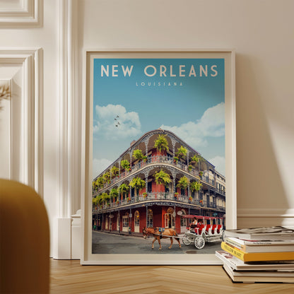 A framed poster of the New Orleans, Louisiana, street scene with a horse-drawn carriage, surrounded by books and a white wall.