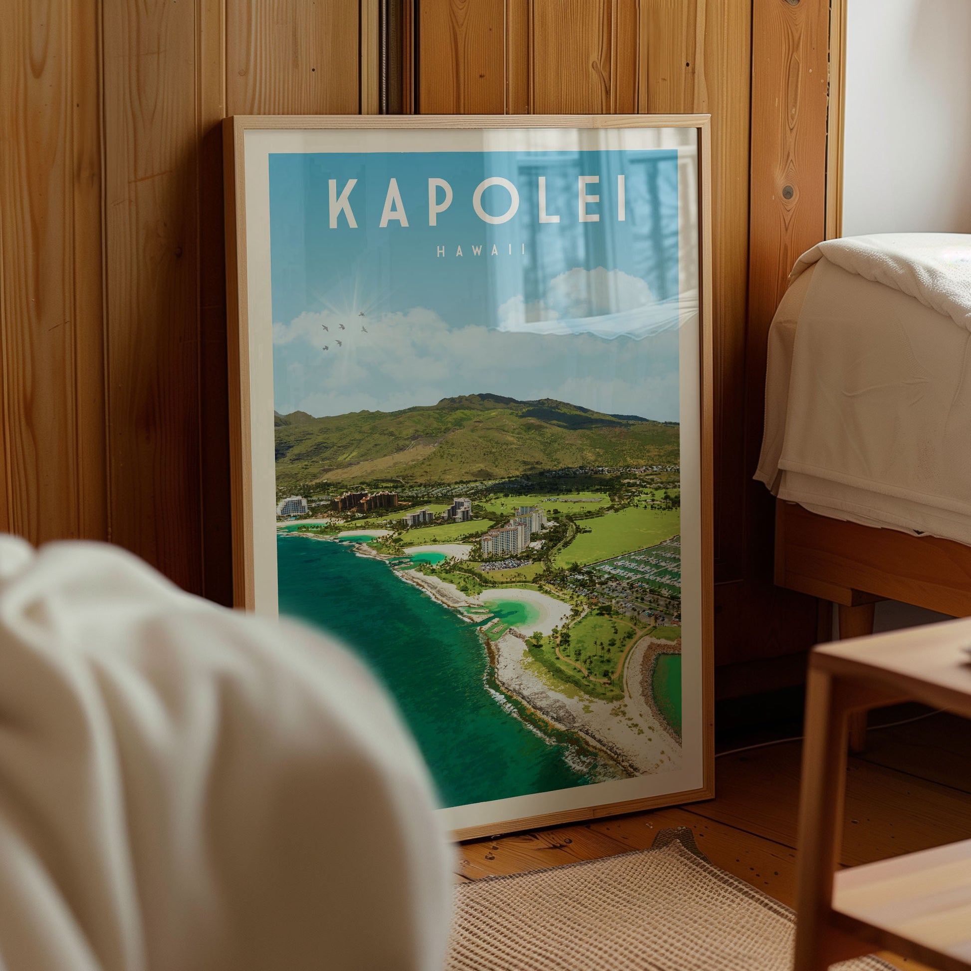 A framed poster of a scenic coastal landscape in Hawaii, featuring a beach, mountains, and a turquoise ocean.