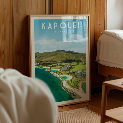 A framed poster of a scenic coastal landscape in Hawaii, featuring a beach, mountains, and a turquoise ocean.