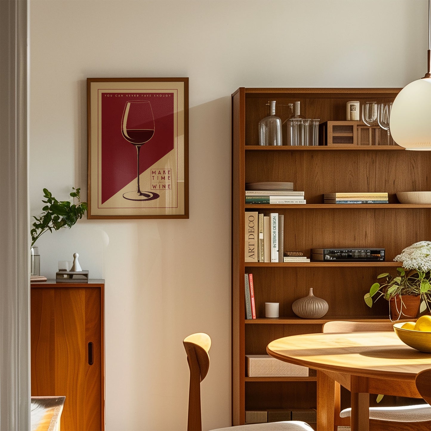 a cozy and well-organized living space with a wooden bookshelf, a wooden cabinet, and a framed poster on the wall. The room has a warm and inviting atmosphere, with a dining table and chairs in the foreground.