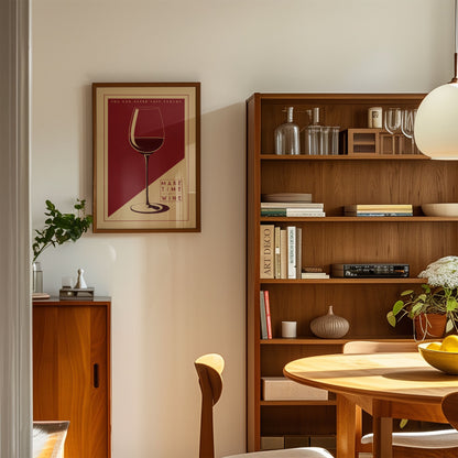 a cozy and well-organized living space with a wooden bookshelf, a wooden cabinet, and a framed poster on the wall. The room has a warm and inviting atmosphere, with a dining table and chairs in the foreground.