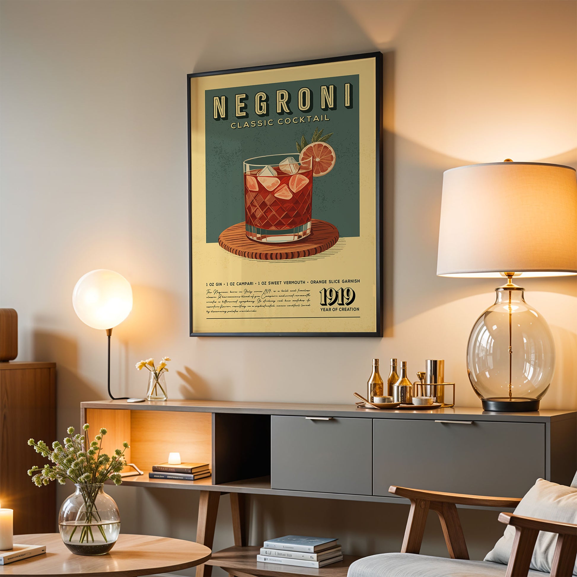 a poster of a Negroni cocktail hanging on a wall in a living room.