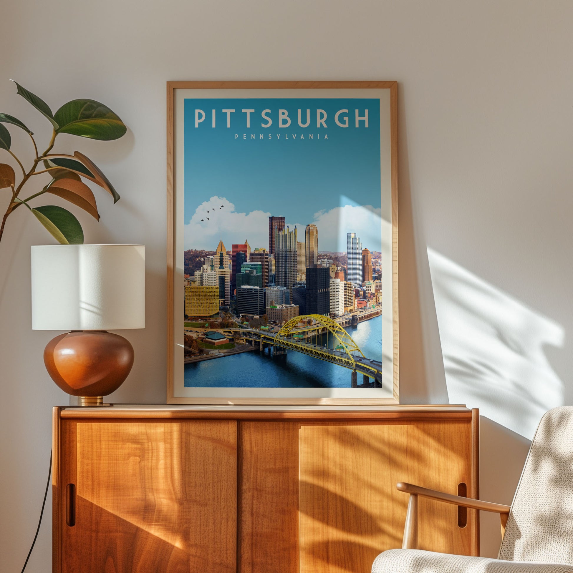 a framed poster of the Pittsburgh skyline, with a wooden cabinet and a lamp in the foreground.