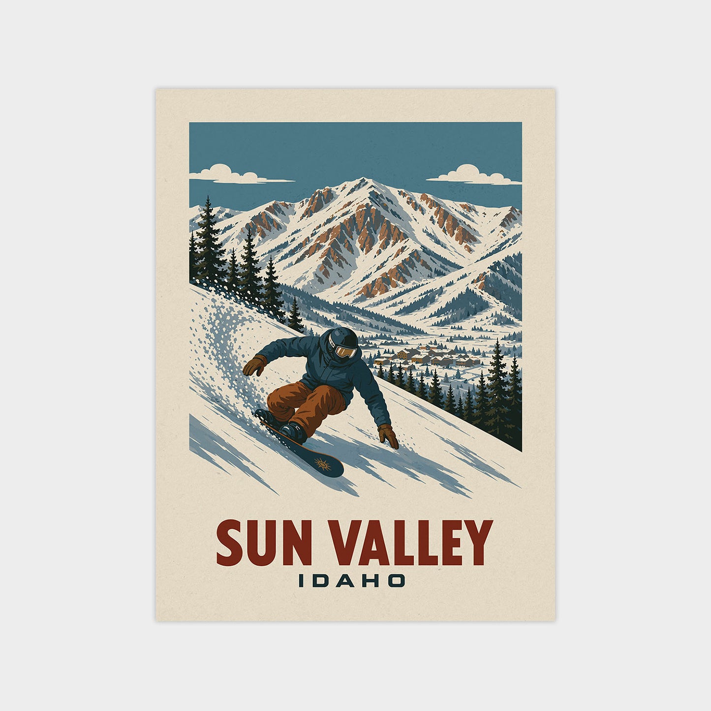 A snowboarder is depicted in a snowy mountain landscape, with the text "SUN VALLEY IDAHO" below the image.