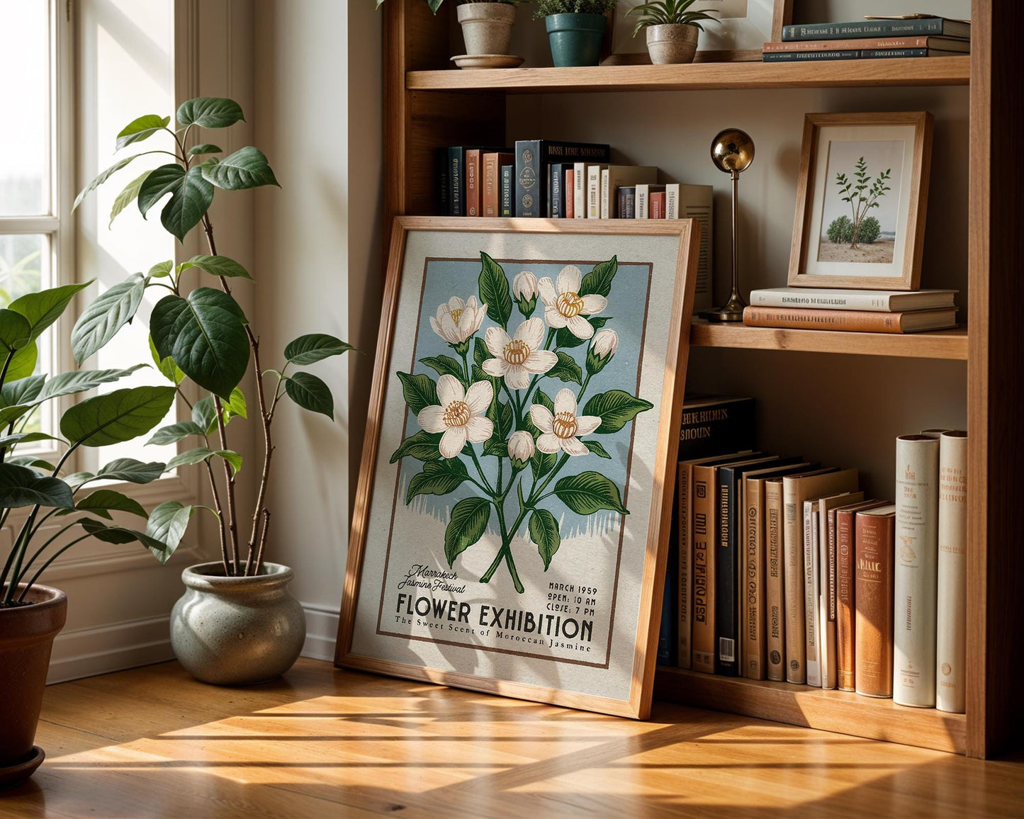 a picture of flowers on a shelf next to a potted plant