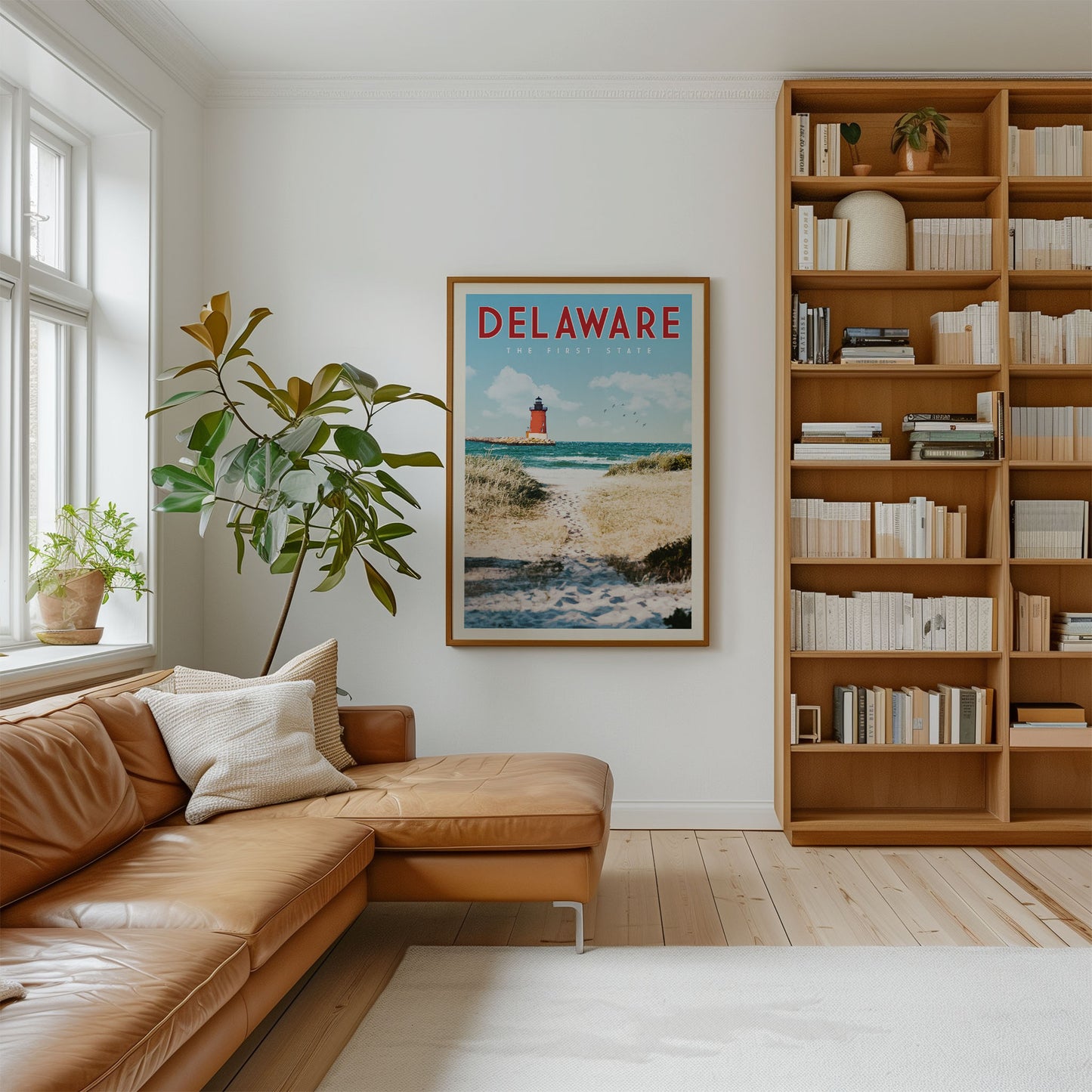 a cozy living room with a large bookshelf filled with books, a comfortable leather couch, and a framed poster of a beach scene hanging on the wall.