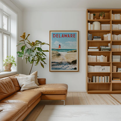 a cozy living room with a large bookshelf filled with books, a comfortable leather couch, and a framed poster of a beach scene hanging on the wall.