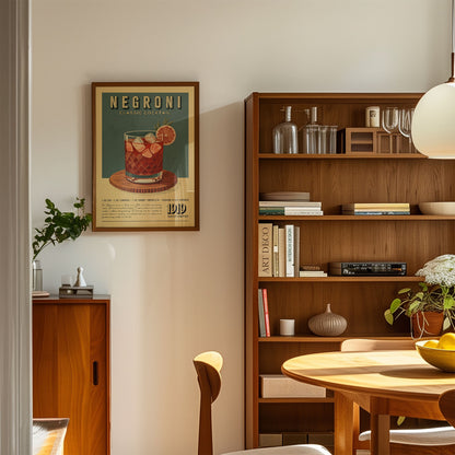 a cozy living room with a wooden bookshelf, a framed poster of a Negroni cocktail, and a wooden cabinet. The room has a warm and inviting atmosphere, with a dining table and chairs in the foreground.