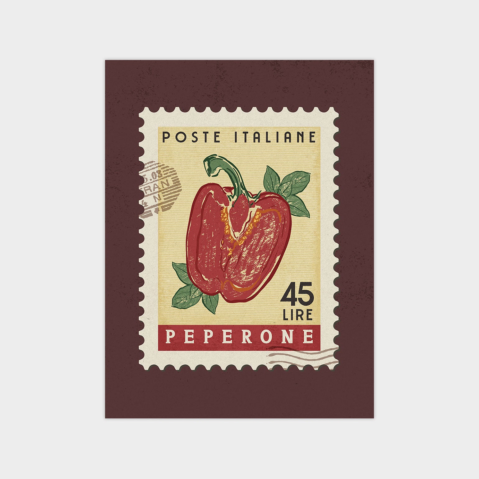 a stamp with a red pepper on it