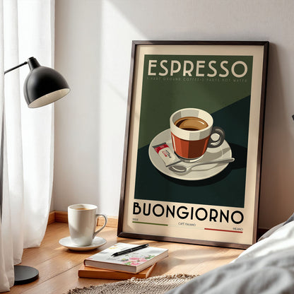 a framed poster of a cup of espresso, with the text "ESPRESSO" prominently displayed. The poster also includes the text "BUNGIGIORNO" and "Cafe Italia", indicating the type of coffee and the location where it is served. The poster is placed on a wooden surface, with a lamp and a book nearby, creating a cozy and inviting atmosphere.