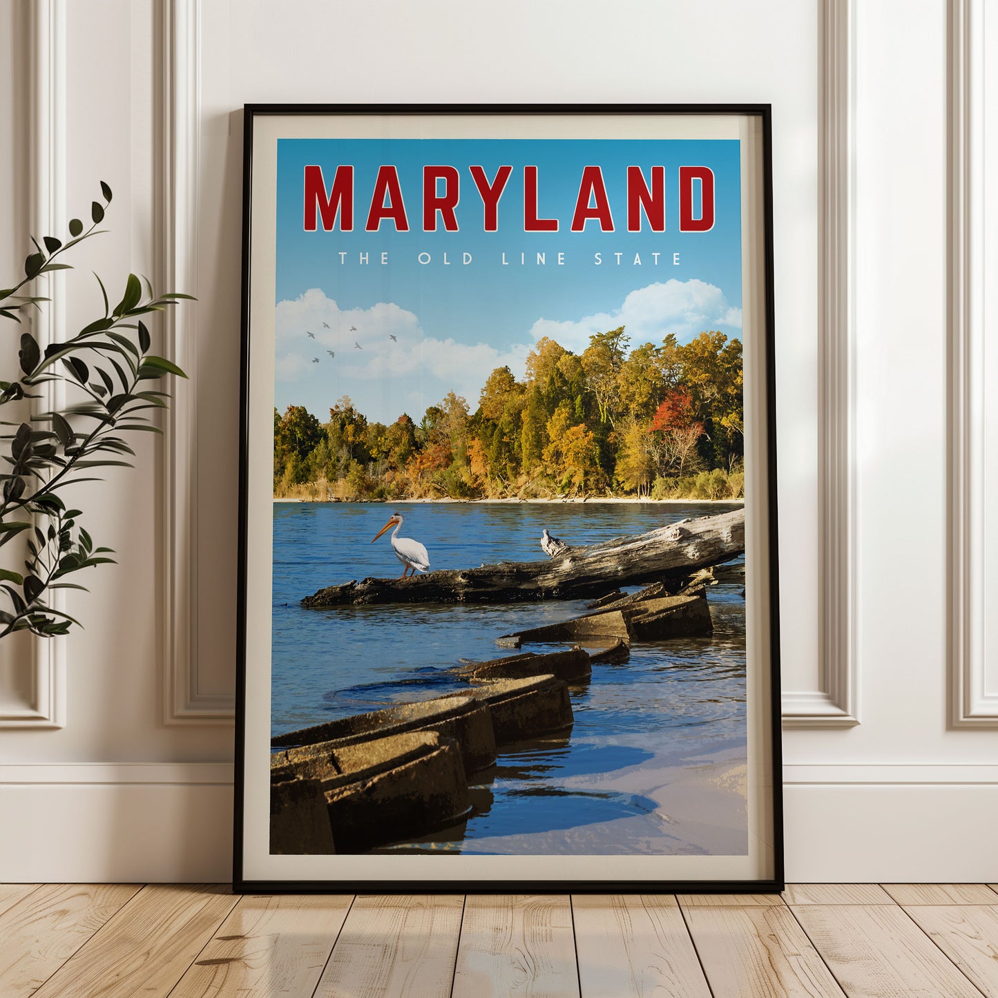A framed poster of a scenic view of the Old Line State in Maryland, featuring a bird, a body of water, and a forested shoreline.