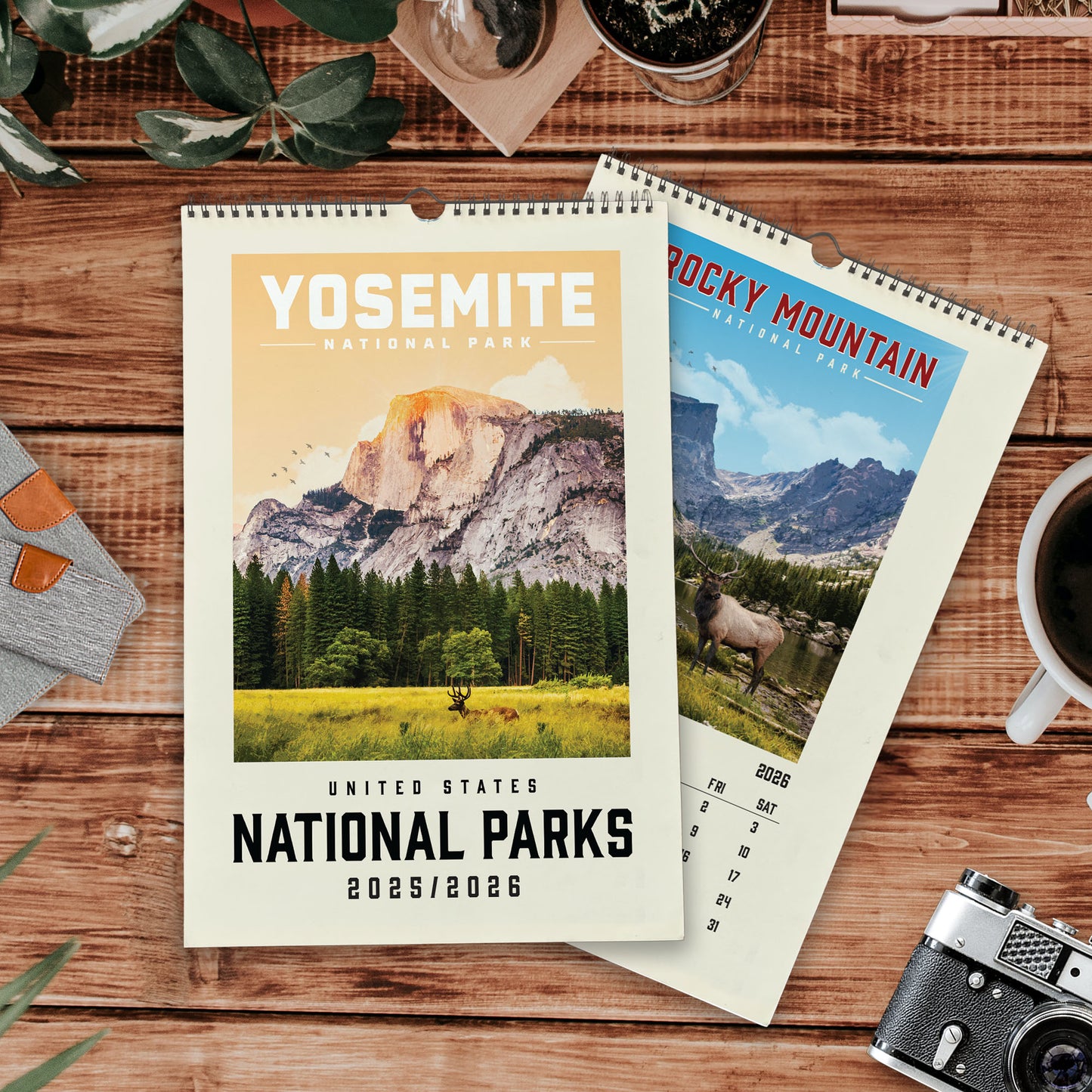 A calendar for Yosemite National Park and Rocky Mountain National Park, featuring images of the parks' landscapes and wildlife.