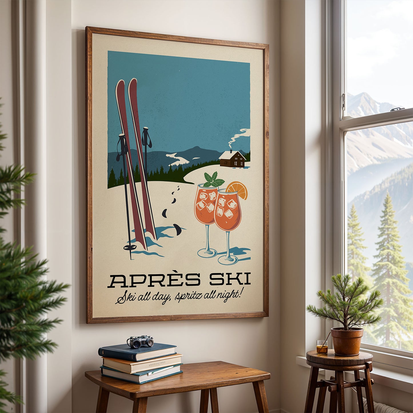 a framed poster of a ski scene with two glasses of orange juice and a pair of skis, hanging on a wall in a room with a window and a small table with books and a plant.