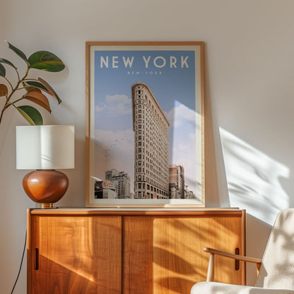a framed poster of the Flatiron Building, a famous New York City skyscraper, displayed on a wooden cabinet.