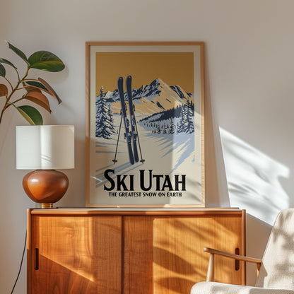 A framed poster of a snowy mountain landscape with skis, hanging on a wall above a wooden cabinet.