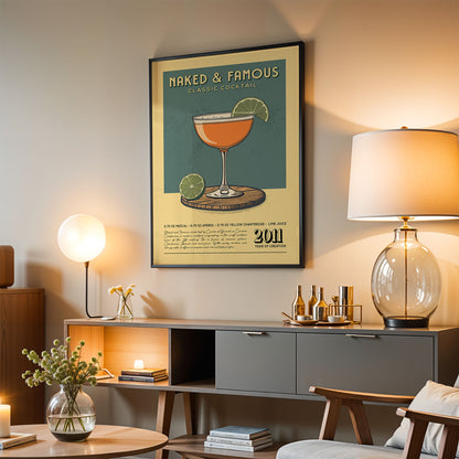 a poster of a classic cocktail, hanging on a wall in a living room setting.