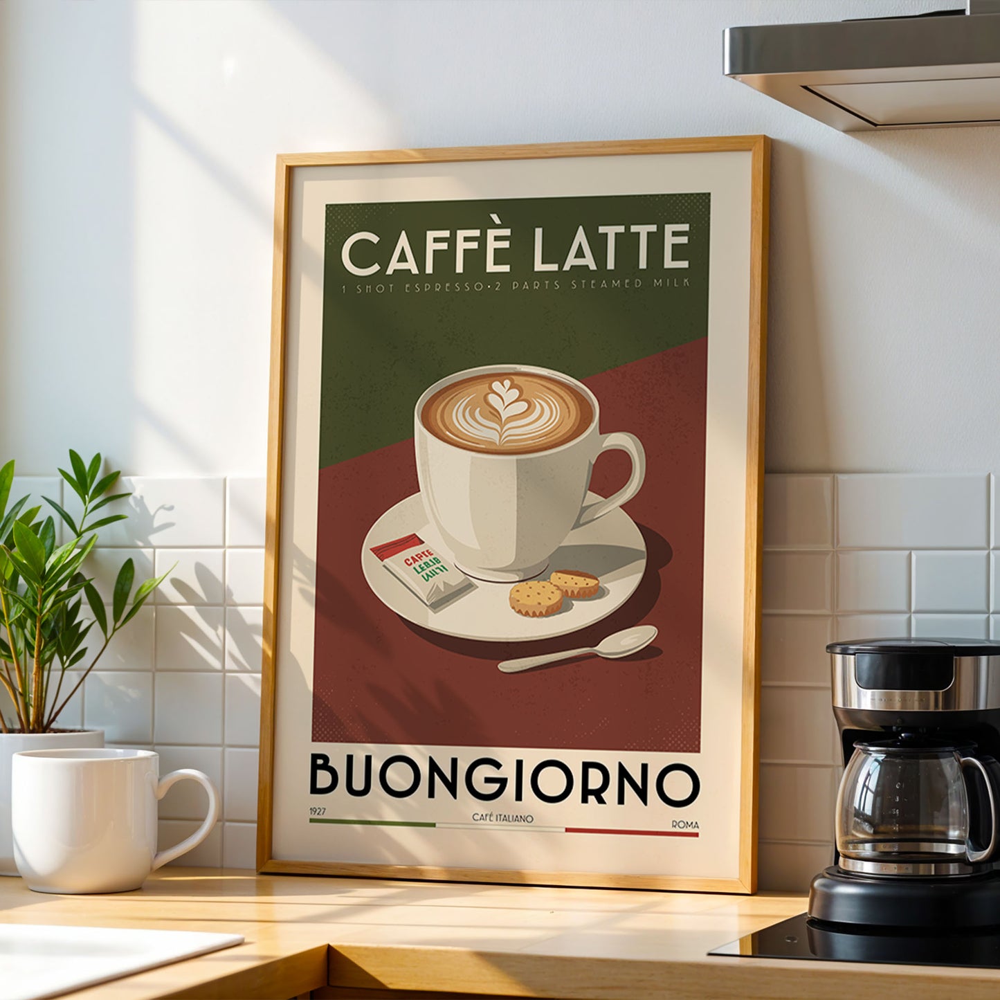 a framed poster of a cup of cappuccino with a latte art design, placed on a kitchen counter next to a coffee maker.