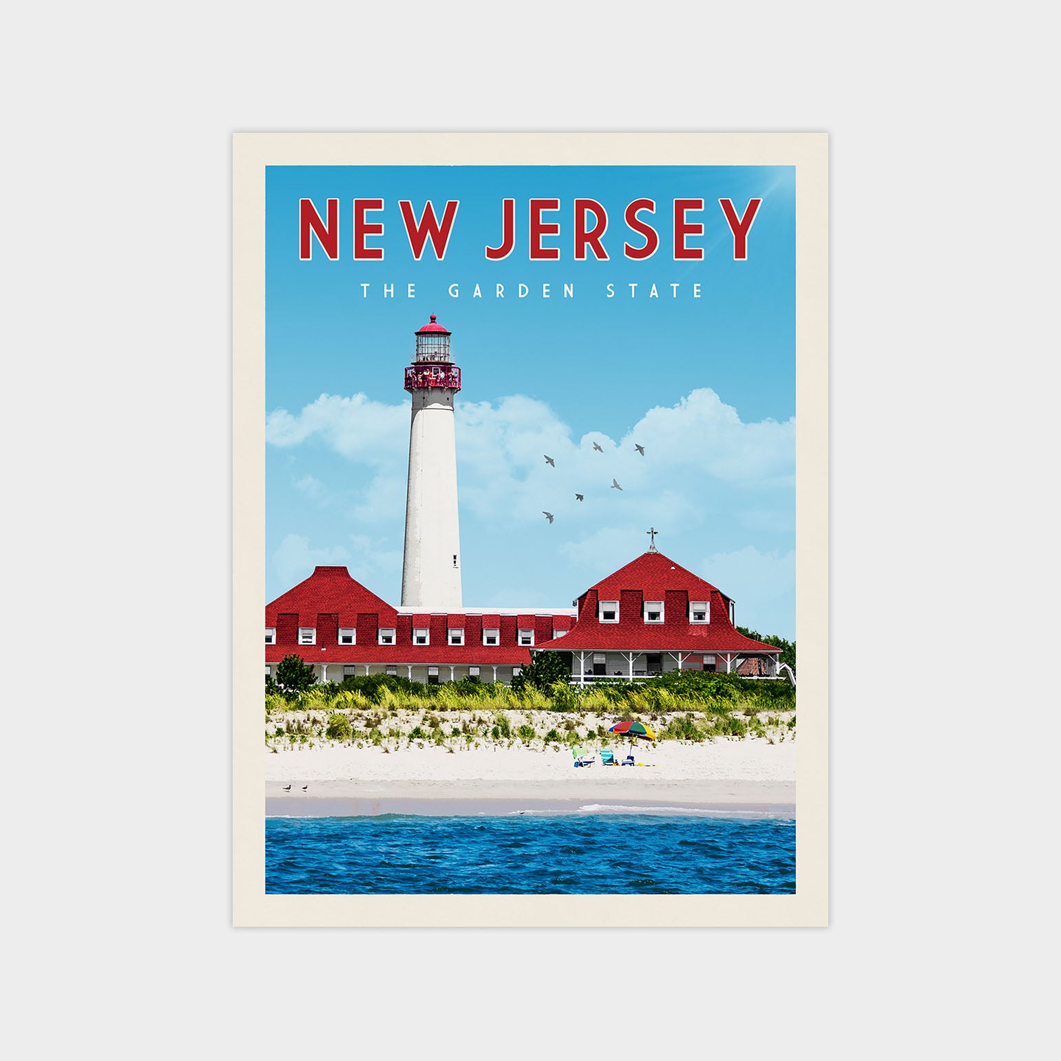 A poster of the Garden State of New Jersey featuring a lighthouse and a red-roofed building on a beach with a clear blue sky and birds in the background.