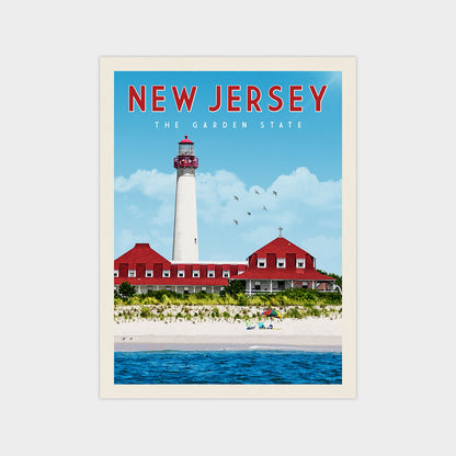 A poster of the Garden State of New Jersey featuring a lighthouse and a red-roofed building on a beach with a clear blue sky and birds in the background.