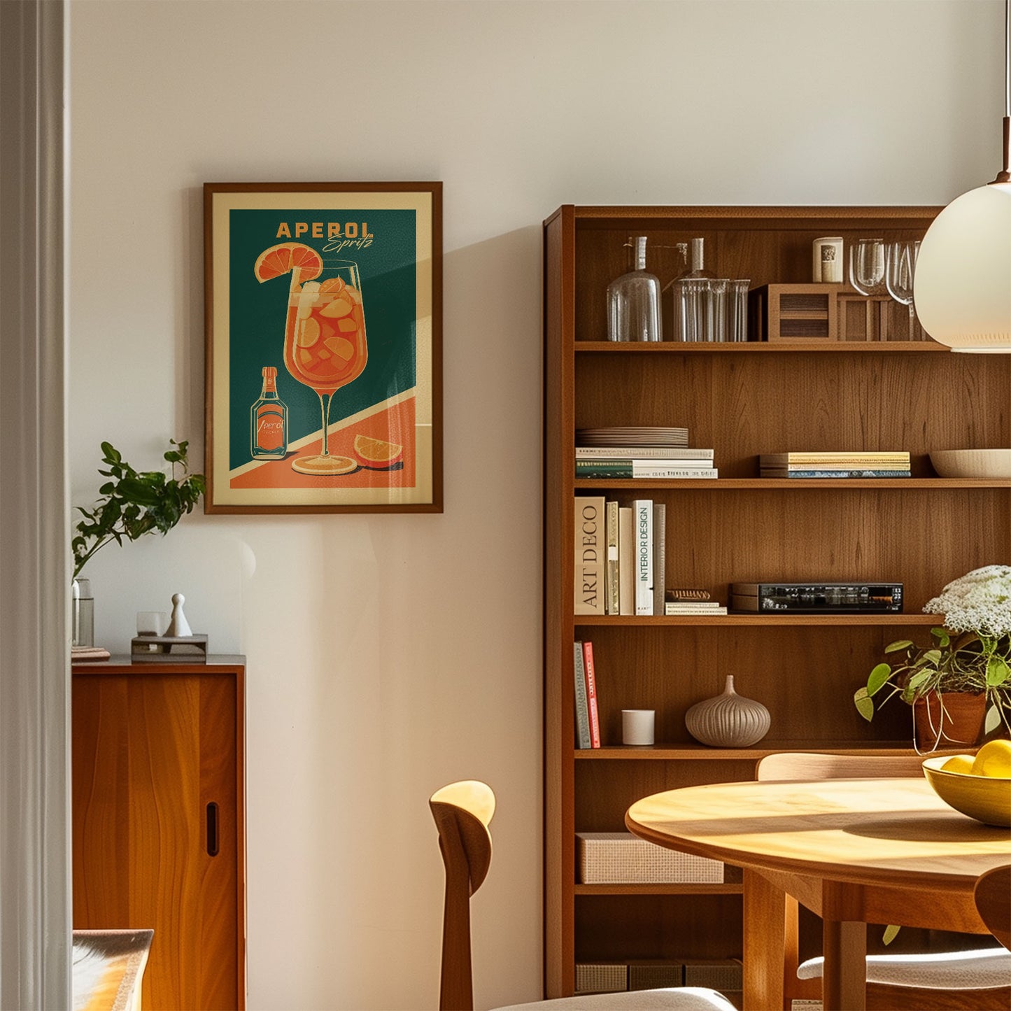 a cozy living room with a wooden bookshelf, a framed poster of an orange drink, and a wooden cabinet. The room has a warm and inviting atmosphere, with natural light streaming in from the window.