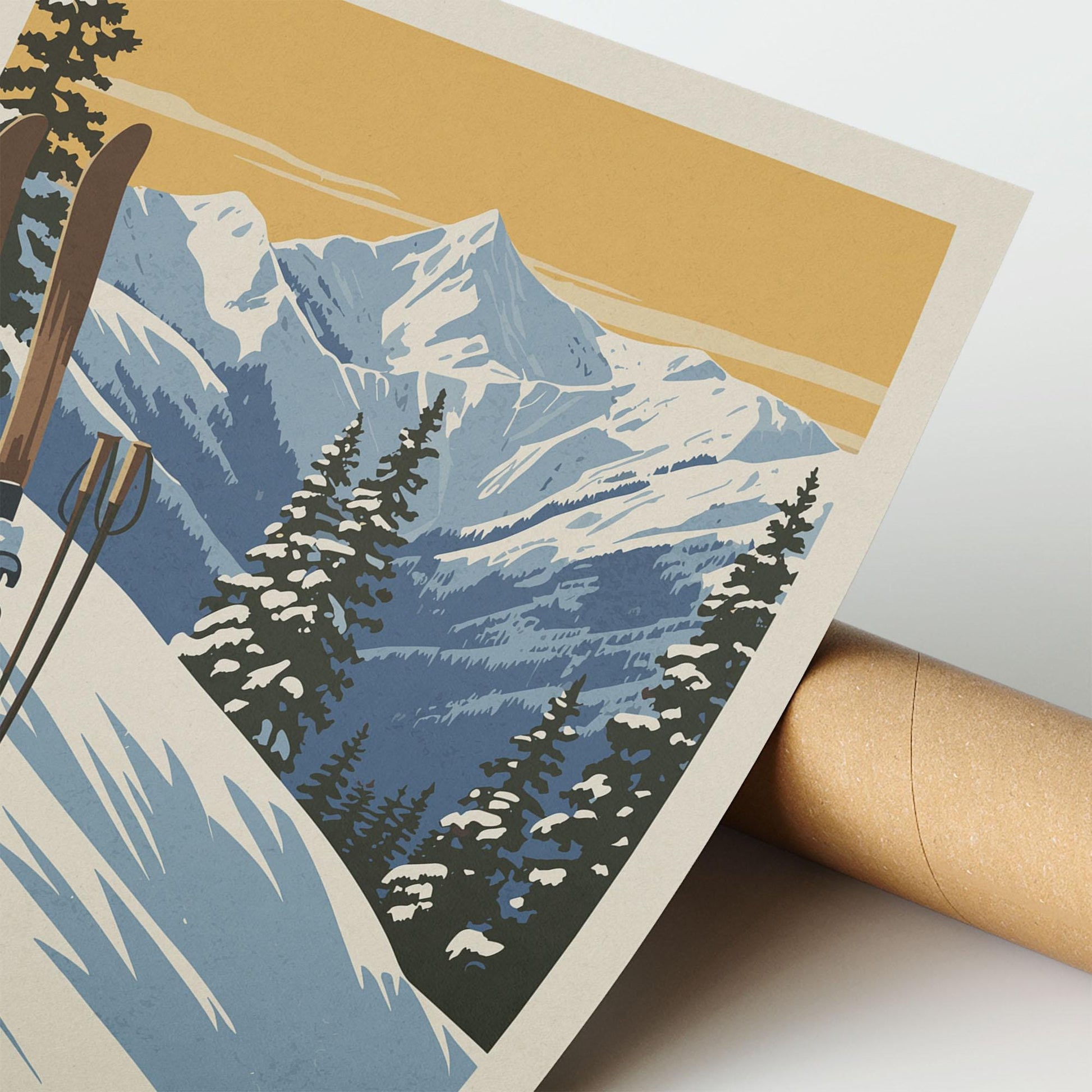 A vintage-style illustration depicting a snowy mountain landscape with pine trees and ski equipment.