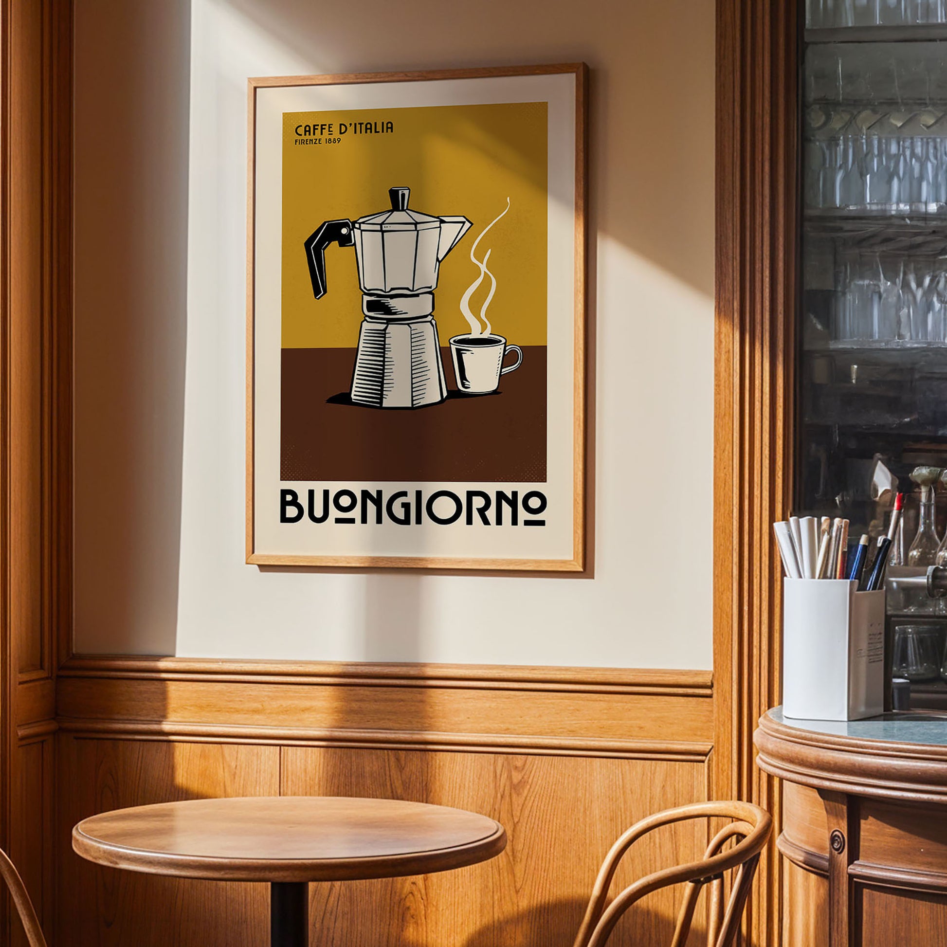 a framed poster of a coffee maker and a cup of coffee on a wooden wall, with the text "BUNENGIORNO" below the poster.