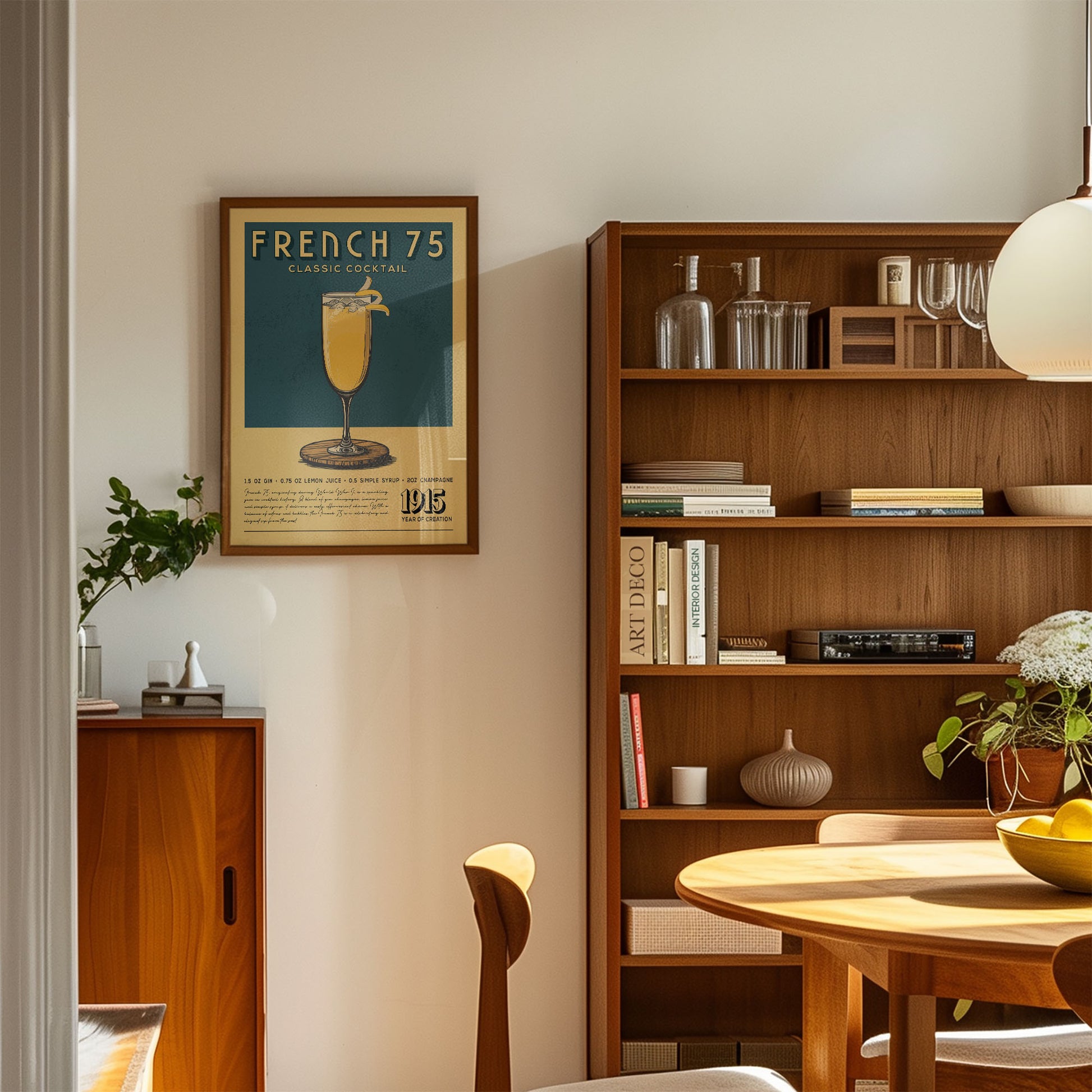a cozy living room with a wooden bookshelf, a framed poster of a French 75 cocktail, and a wooden cabinet. The room has a warm and inviting atmosphere, with a dining table and chairs in the foreground.