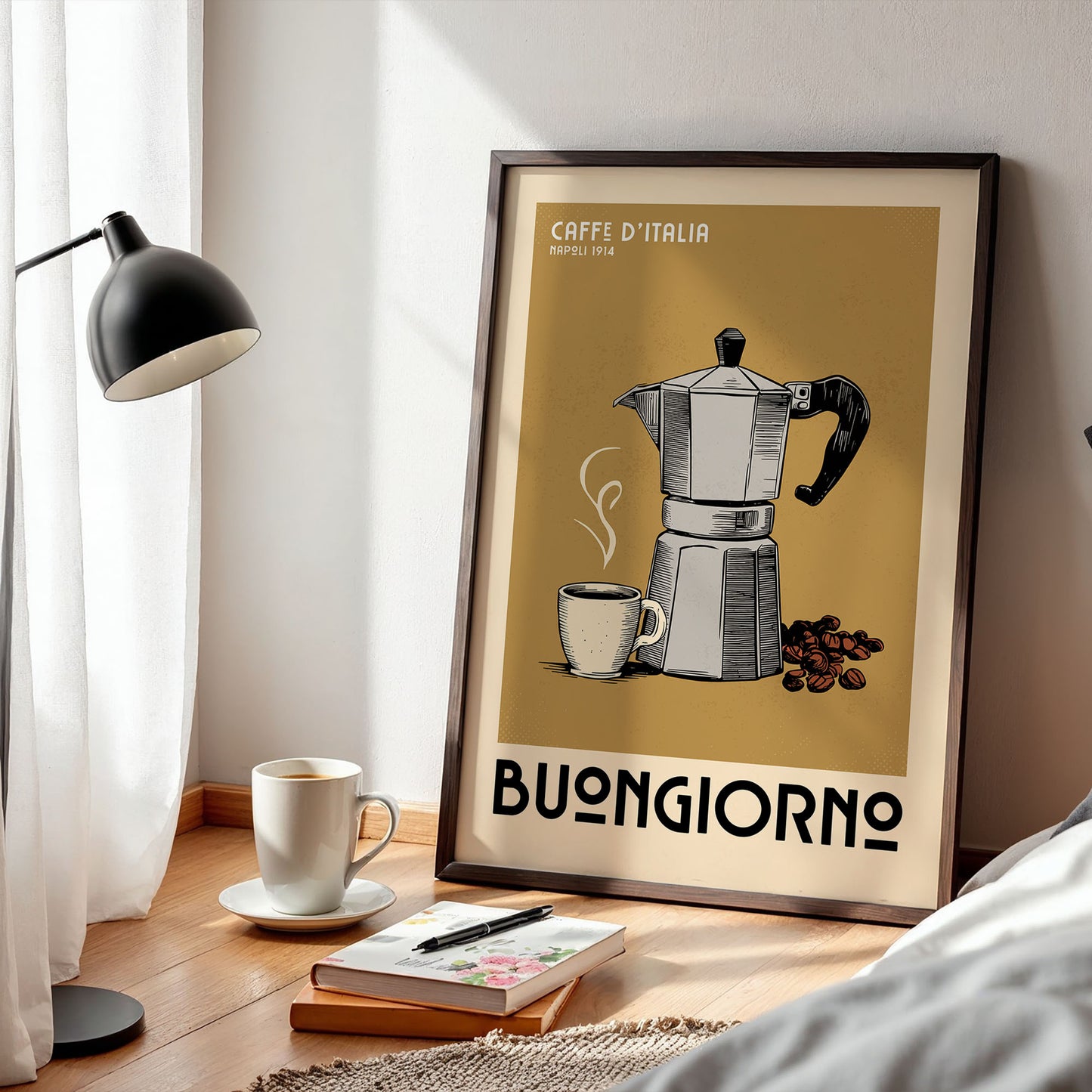 a framed poster of a coffee maker with a cup of coffee and coffee beans, along with the text "Caffè d'Italia" and "Buongiorno". The poster is displayed on a wooden floor, with a lamp, a book, and a cup of coffee nearby.