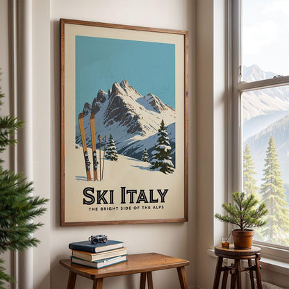 A framed poster of a snowy mountain landscape with ski equipment is displayed on the wall, accompanied by a small table with books and a potted plant.