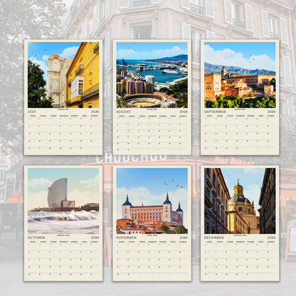 The image is a calendar featuring six different pictures of various cities around the world, each representing a different month.