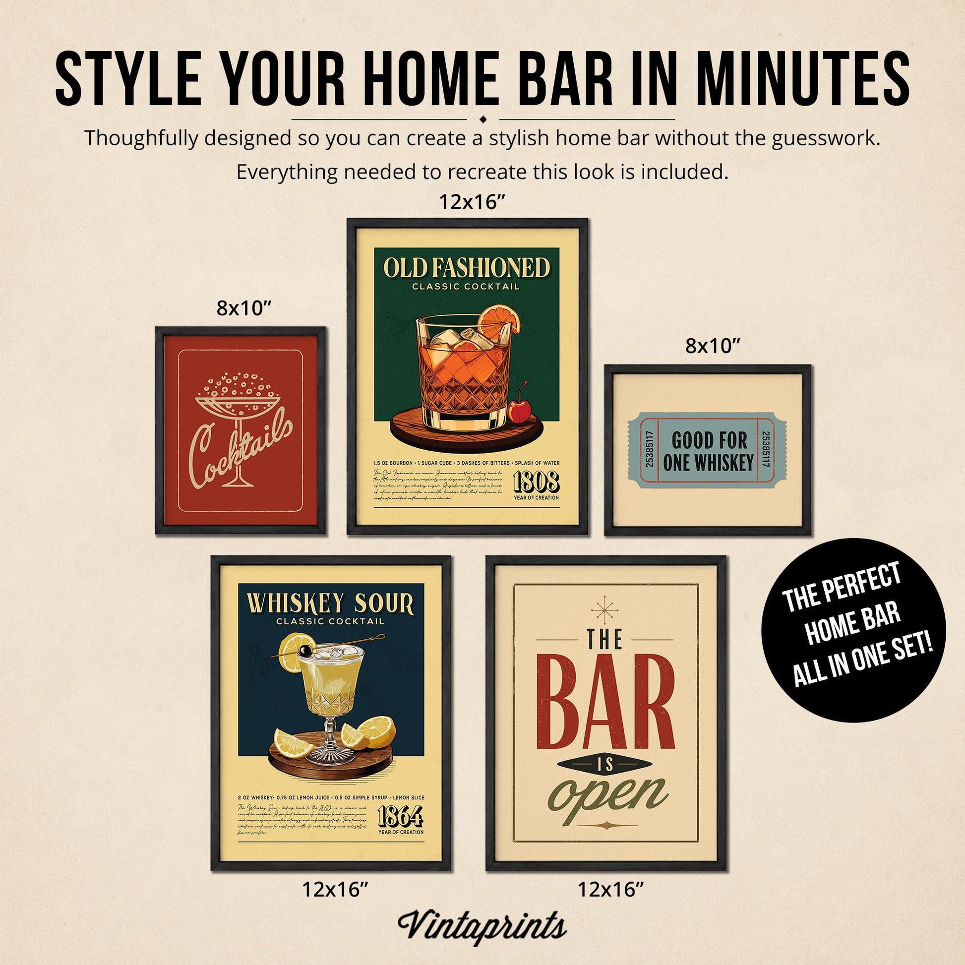 The image is a collection of five framed artworks depicting various cocktails and bar themes, including Old Fashioned, whiskey sour, and The Bar is open.