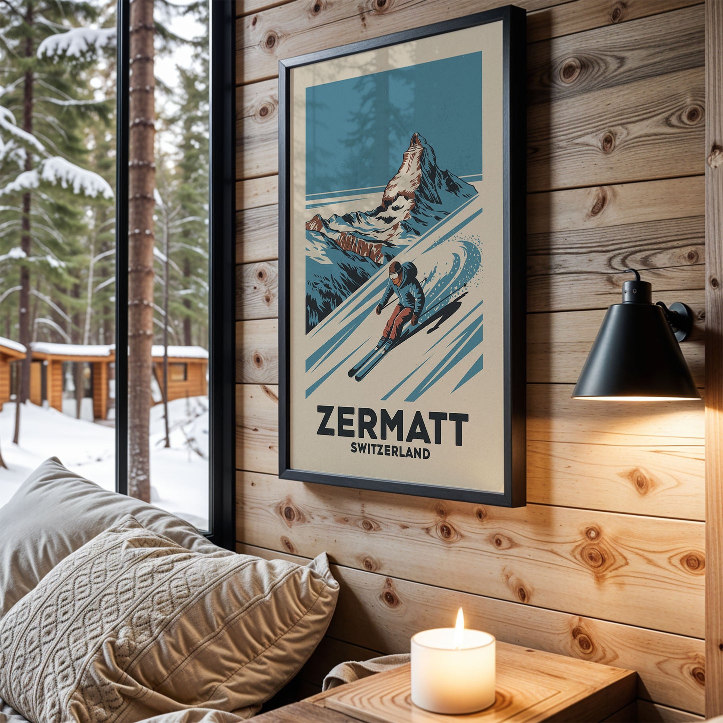 a cozy bedroom scene with a framed poster of a skier on a mountain, a lit candle on a nightstand, and a view of a snowy forest through a window.