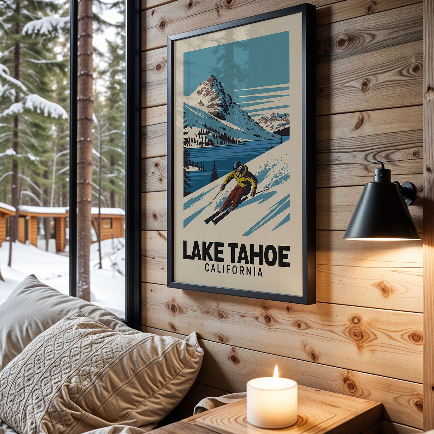 A framed poster of Lake Tahoe, California, featuring a skier in a snowy mountain landscape, hangs on a wooden wall in a cozy cabin setting.
