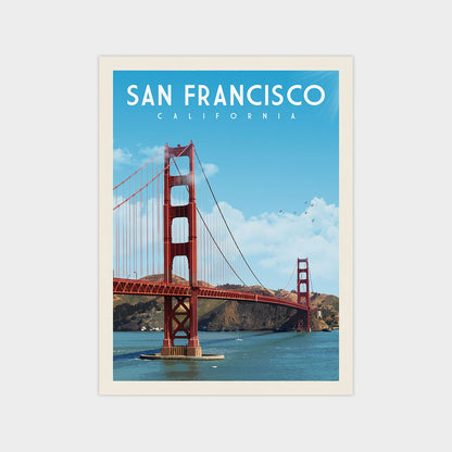 A poster of the Golden Gate Bridge in San Francisco, California.
