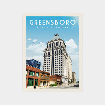 A poster depicting a cityscape with a tall, ornate building in the center, surrounded by smaller buildings and a clear blue sky.