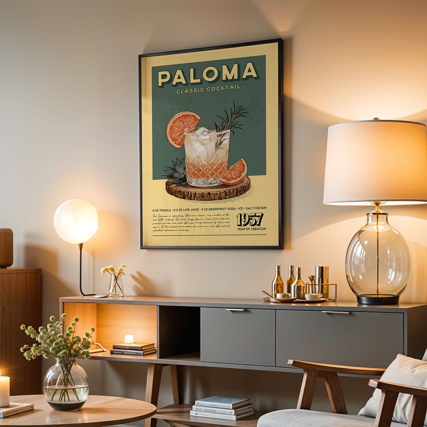 a framed poster of a cocktail on a wall, with a lamp, a table, and a vase of flowers in the foreground.