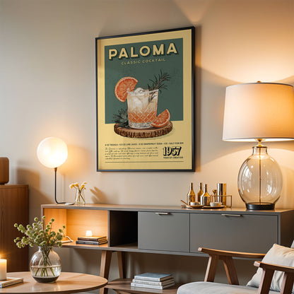 a framed poster of a cocktail on a wall, with a lamp, a table, and a vase of flowers in the foreground.