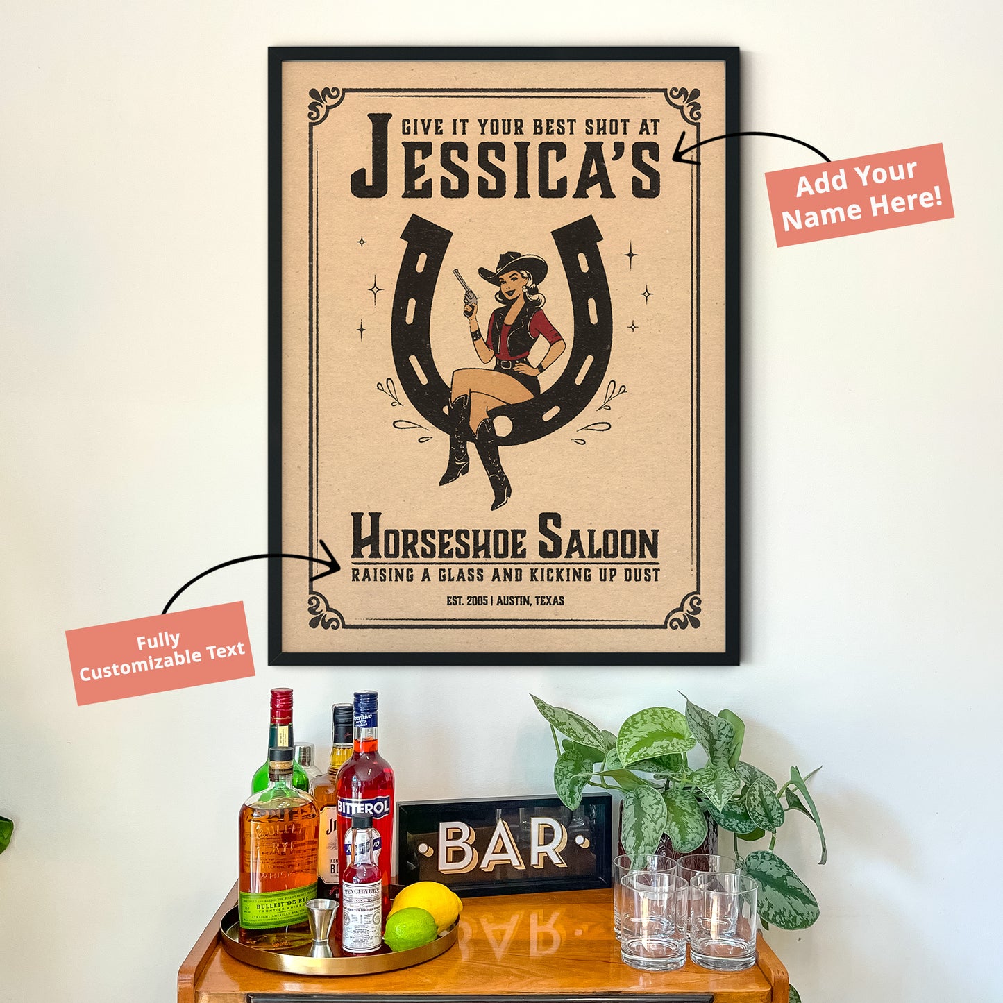 Horseshoe Saloon Western - Personalized Cocktail Bar Poster