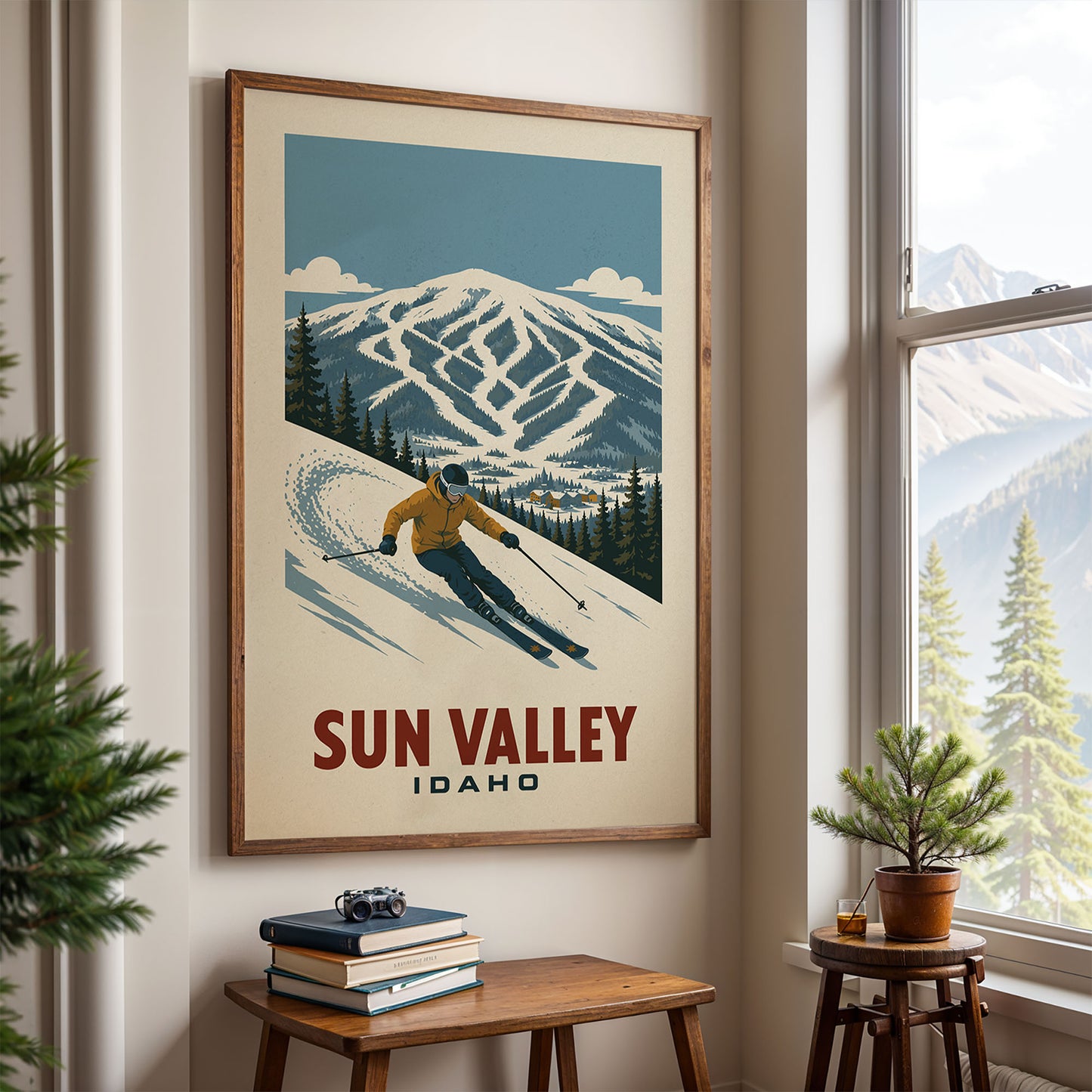 a framed poster of a skier in a snowy mountain landscape, with the text "SUN VALLEY IDAHO" below the image.