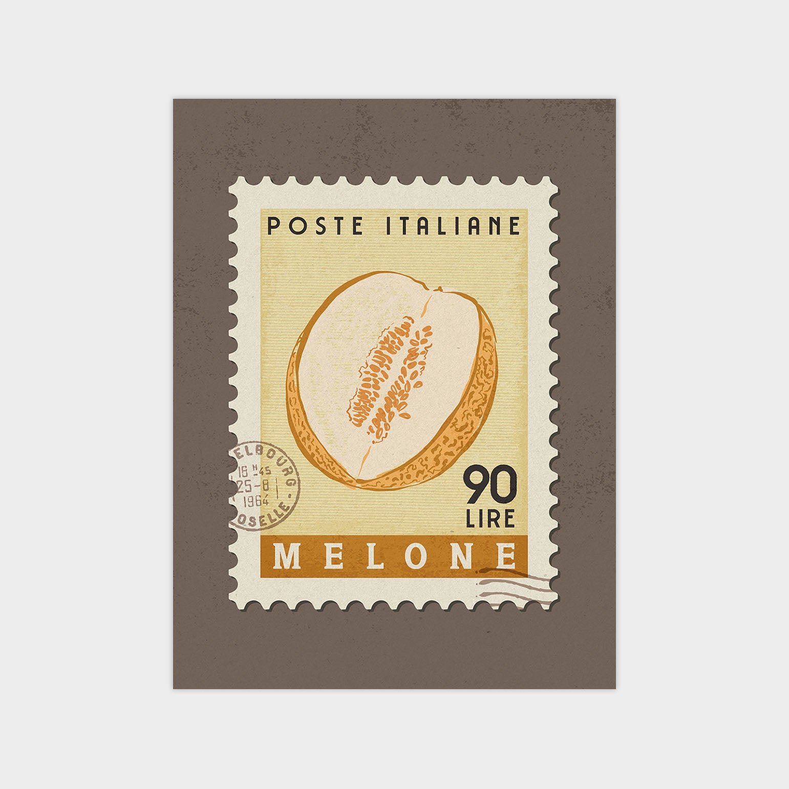 The image is a postage stamp featuring an illustration of a melon, with the text "POSTE ITALIANE" and "90 LIRRE" printed on it.